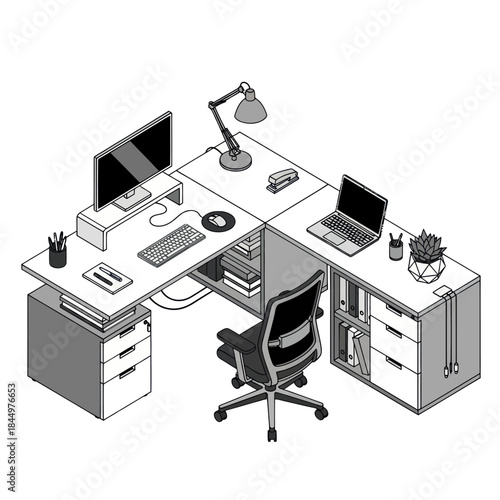 Modern Office Workspace with Computer and Chair.