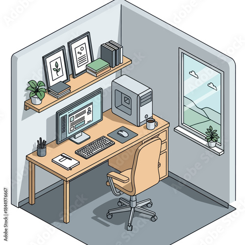 Modern Computer Desk with Office Equipment.