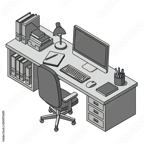 Modern Office Desk with Computer and Accessories.