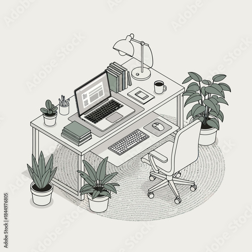 Modern Office Workspace with Computer and Plants.
