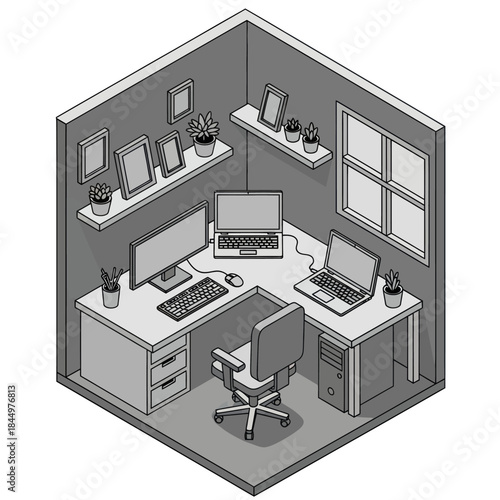 Modern Office Workspace with Computers and Chair.