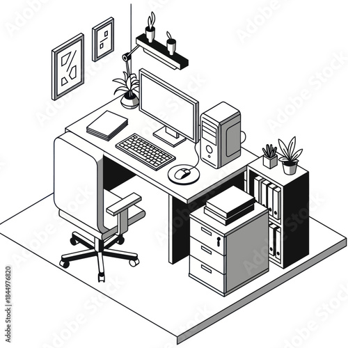 Modern Office Desk with Computer and Accessories.