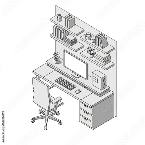 Isometric Illustration of Modern Office Workspace.