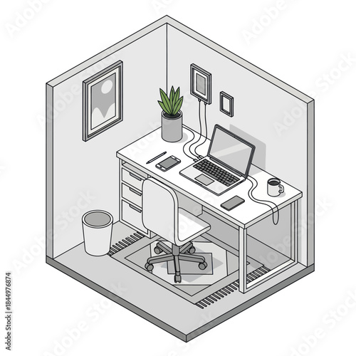 Isometric Illustration of Modern Home Office Workspace.