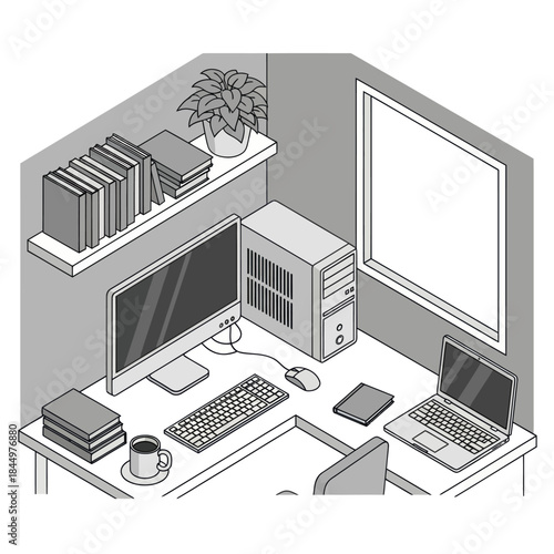 Computer workstation with office supplies and equipment.