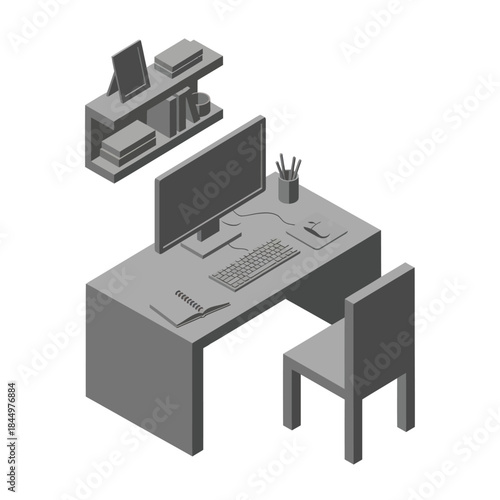 Modern Office Desk with Computer and Chair.