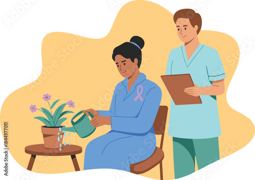 Caregiver supporting cancer patient illustration showing compassion, healthcare assistance, recovery hope, and emotional wellness in medical treatment concept