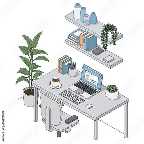 Modern Office Desk with Laptop and Plants.