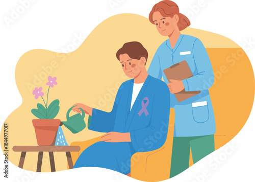 Caregiver supporting cancer patient illustration showing compassion, healthcare assistance, recovery hope, and emotional wellness in medical treatment concept