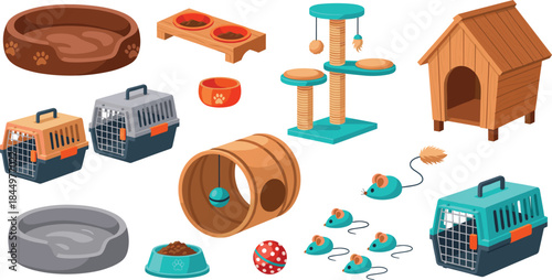 Pet accessories and supplies set with beds toys carriers scratching post bowls and dog house flat vector illustration