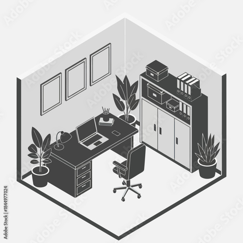 Isometric Office Workspace with Furniture and Plants.