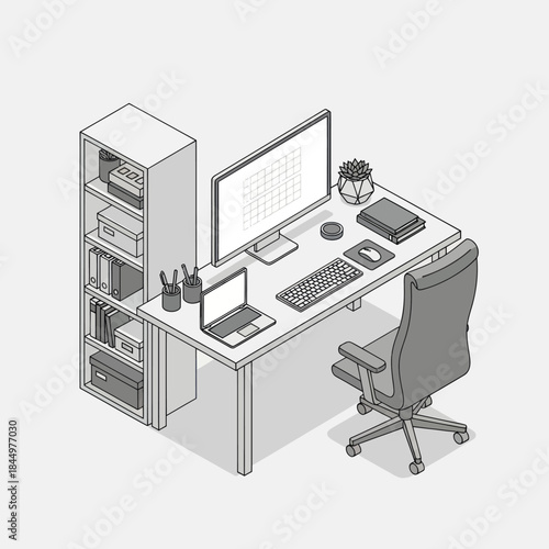 Modern Office Desk with Computer and Chair.
