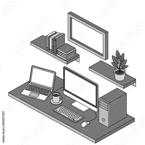 Computer workstation with laptop and monitors.