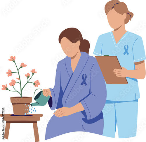 Caregiver supporting cancer patient illustration showing compassion, healthcare assistance, recovery hope, and emotional wellness in medical treatment concept