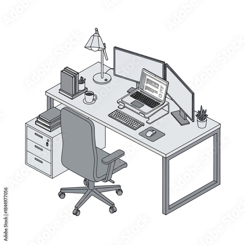 Modern Office Desk with Computer and Chair.