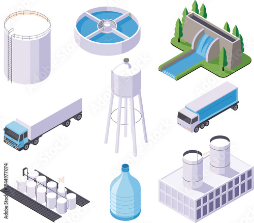 Isometric water supply and treatment infrastructure illustration featuring tanks, trucks, reservoirs, and purification systems for industrial utilities management