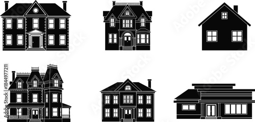 Detailed Victorian Houses Row Vector Illustration, Ornate City Streetscape Line Art, Historical Residential and Commercial Buildings, Old Town Architecture with Turrets and Bay Windows.
