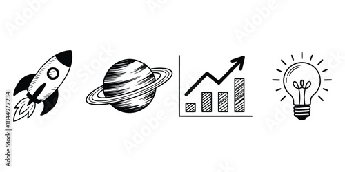 Hand Drawn Doodle Icon Set for Business Success, Innovation, and Startup Growth: Rocket, Planet, Graph, and Lightbulb
