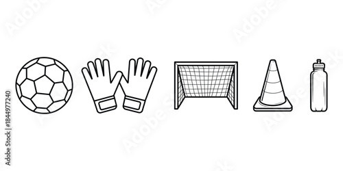 Line Art Set of Soccer Training Equipment including Ball, Gloves, Net, Cone, and Water Bottle