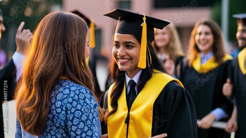 Joyful Mother Adjusts Daughter's Graduation Attire Outdoors