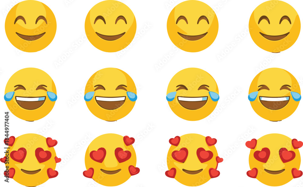 Fototapeta premium Smiling emoji faces set with happy laughing and love expressions for social media chat flat vector illustration