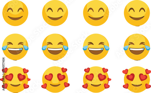 Smiling emoji faces set with happy laughing and love expressions for social media chat flat vector illustration