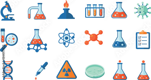 Science laboratory icon set with chemistry biology physics symbols test tubes microscope atom flat vector illustration