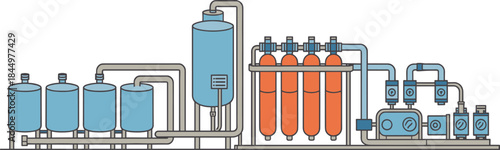 Technical water treatment system illustration showing filtration tanks, pipes, pumps, and industrial purification process for clean water production