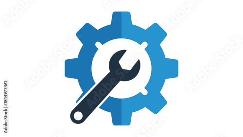 Blue gear and wrench icon representing technical support and maintenance