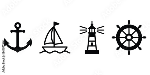 Nautical and Marine Icons Set: Anchor, Sailboat, Lighthouse, and Ship Wheel