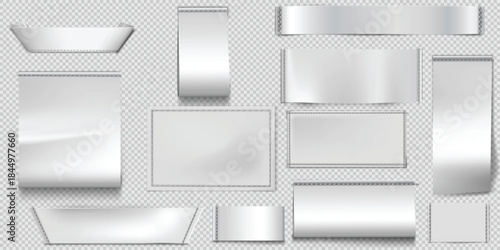 Set of textile labels mockups in different shapes and sizes, white color with decorative stitching.