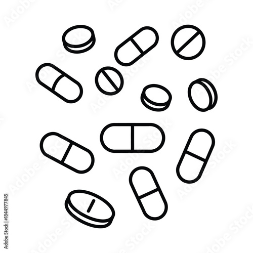 Scattered Medicine Pills and Capsules Outline Icon Background