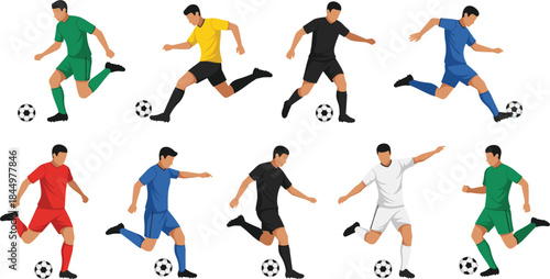 Soccer player action poses set with running kicking dribbling football athletes in colorful uniforms flat vector