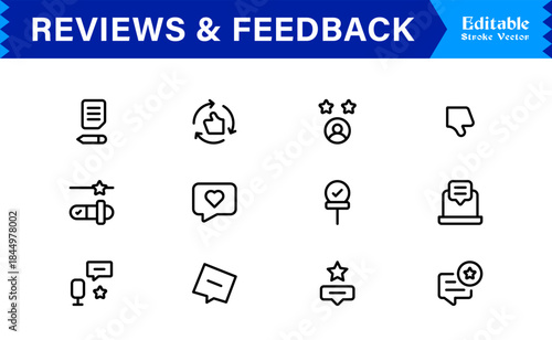 Reviews Feedback Line Icon Pack – Unique Minimal Modern Professional Collection of Client Rating and Survey Icons with Clean Outline Style and Vector Precision