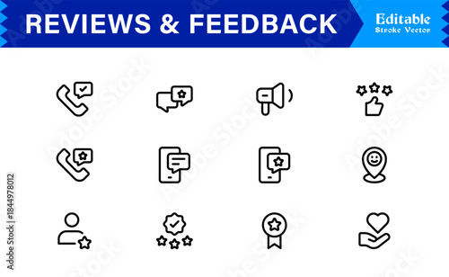Reviews Feedback Line Icon Pack – Unique Minimal Modern Professional Collection of Client Rating and Survey Icons with Clean Outline Style and Vector Precision
