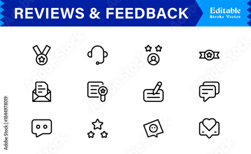 Reviews Feedback Line Icon Pack – Unique Minimal Modern Professional Collection of Client Rating and Survey Icons with Clean Outline Style and Vector Precision