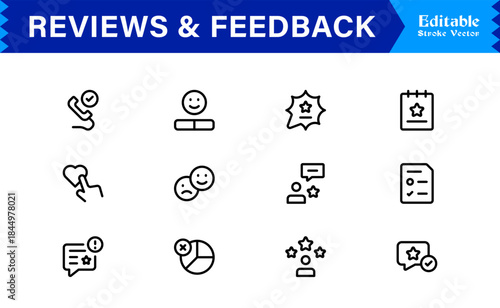 Reviews Feedback Line Icon Pack – Unique Minimal Modern Professional Collection of Client Rating and Survey Icons with Clean Outline Style and Vector Precision