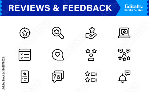 Reviews Feedback Line Icon Pack – Unique Minimal Modern Professional Collection of Client Rating and Survey Icons with Clean Outline Style and Vector Precision