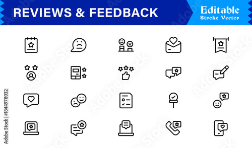 Reviews Feedback Line Icon Pack – Unique Minimal Modern Professional Collection of Client Rating and Survey Icons with Clean Outline Style and Vector Precision