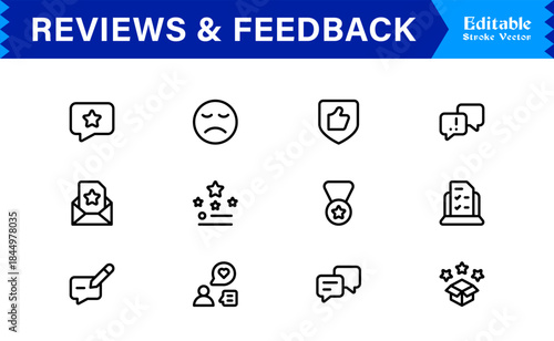 Reviews Feedback Line Icon Pack – Unique Minimal Modern Professional Collection of Client Rating and Survey Icons with Clean Outline Style and Vector Precision