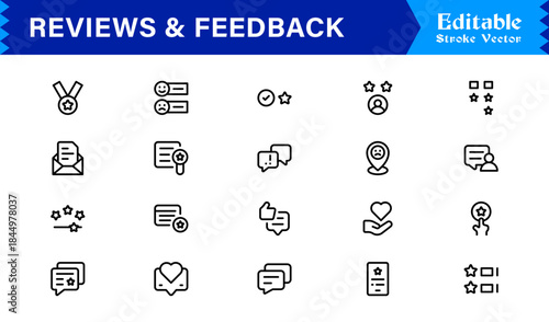 Reviews Feedback Line Icon Pack – Unique Minimal Modern Professional Collection of Client Rating and Survey Icons with Clean Outline Style and Vector Precision