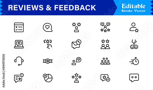 Reviews Feedback Line Icon Pack – Unique Minimal Modern Professional Collection of Client Rating and Survey Icons with Clean Outline Style and Vector Precision