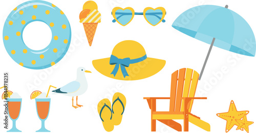 Summer beach vacation icons set with inflatable ring, ice cream, umbrella, sunglasses, drinks, chair, and seaside elements vector illustration