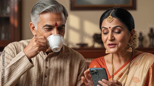 Happy Elderly Indian Couple Using Smartphone, Drinking Tea