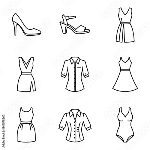 Fashion clothing and shoes icons collection