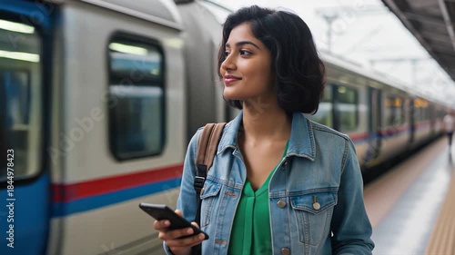 Smiling young woman using phone at busy train station