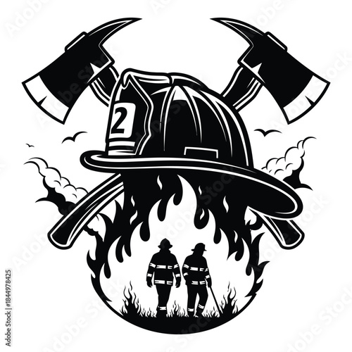 Firefighter emblem with helmet and axes
