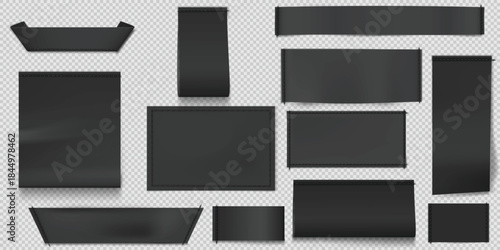 Set of black textile labels of various shapes on transparent background.