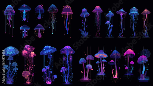 Glowing bioluminescent mushroom illustration set in vibrant watercolor style featuring fantasy fungi perfect for magical scenes game art sci fi visuals and creative storytelling.