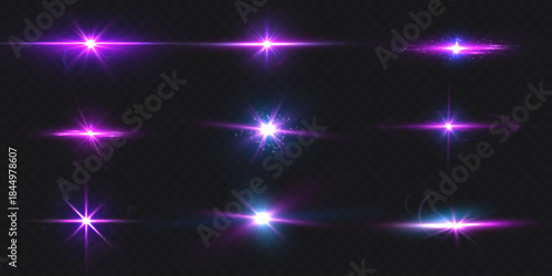 Sunrise or sunset horizon, moon eclipse lilac spark effect vector illustrations set, glowing space planets shiny rays